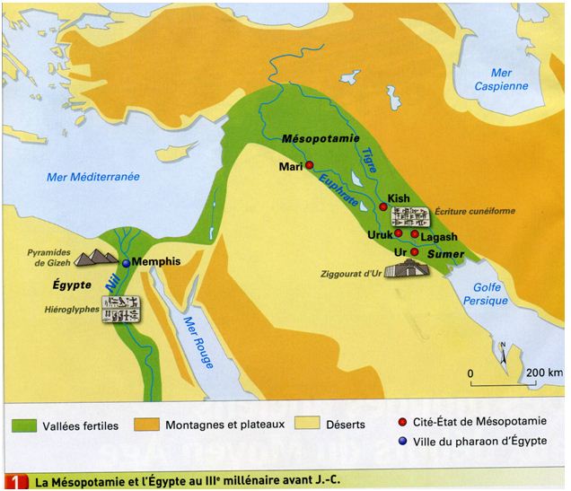 Carte de l`Orient ancien, Mésopotamie et Egypte, au IIIè millénaire avant JC, histoire, cours, Lastel,